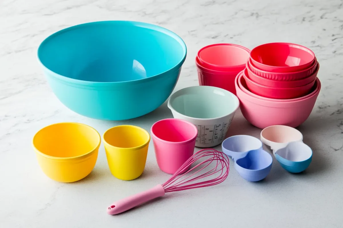 An array of essential baking tools including mixing bowls, measuring cups, and a whisk.