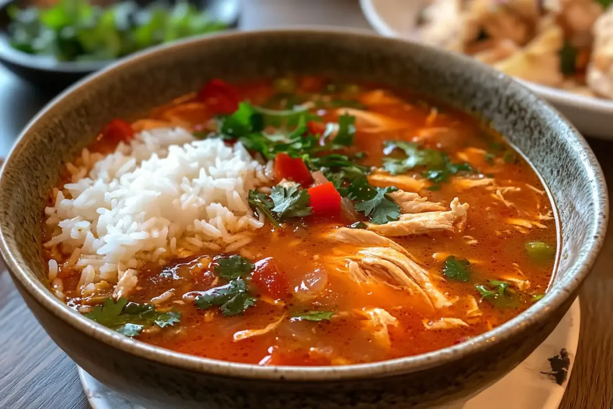 Chopt Spicy Chicken Soup with rice served in a bowl.