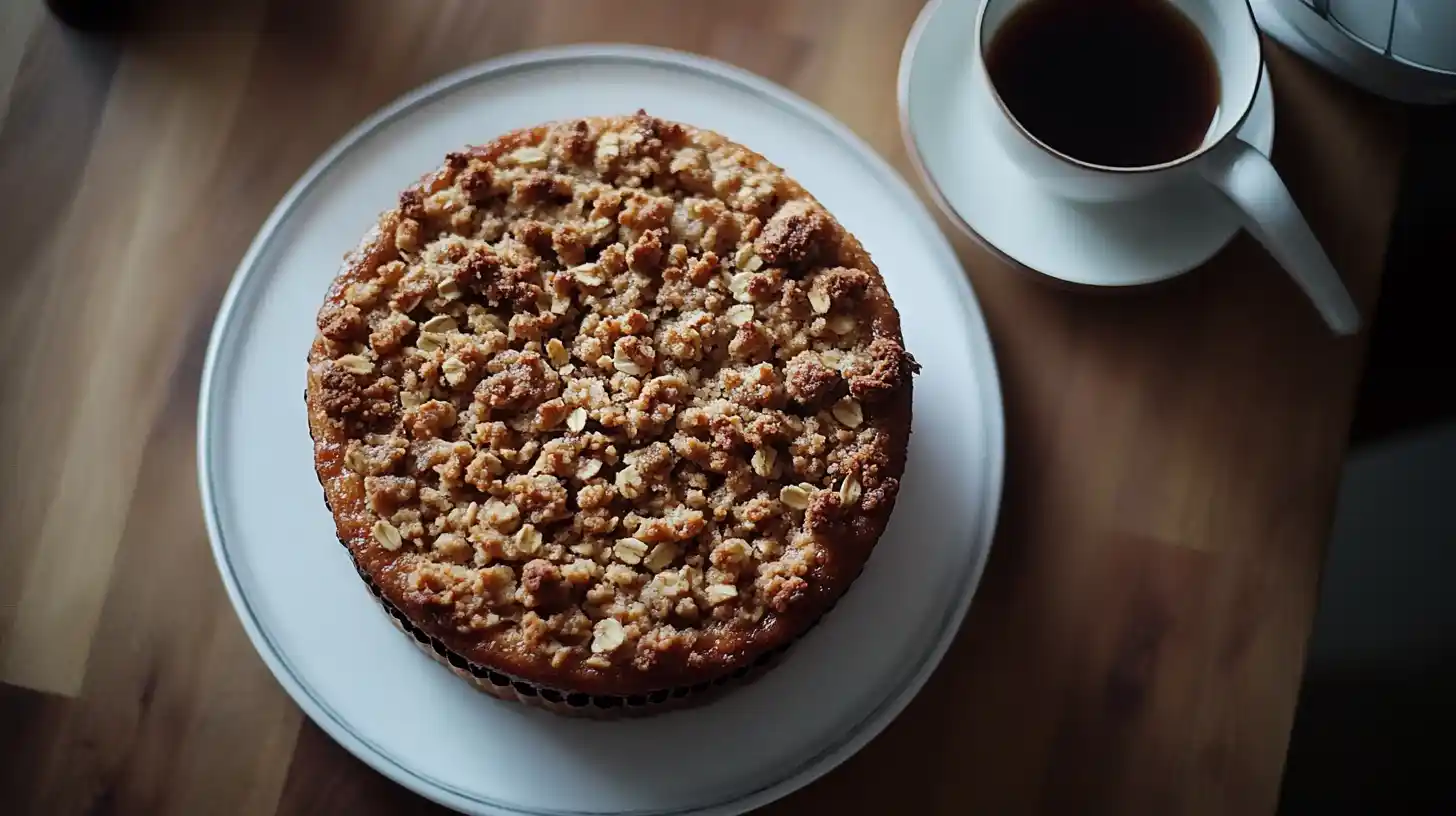 Coffee cake with oatmeal streusel served on a rustic wooden table