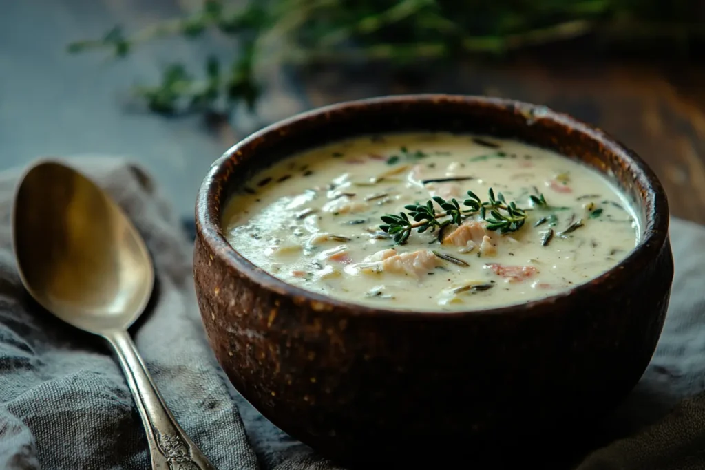 Creamy chicken and wild rice soup in a rustic bowl.