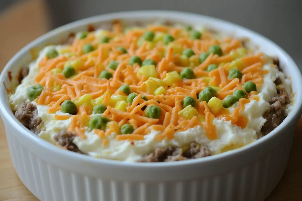 Creamy shepherd's pie made with Velveeta cheese in a baking dish.