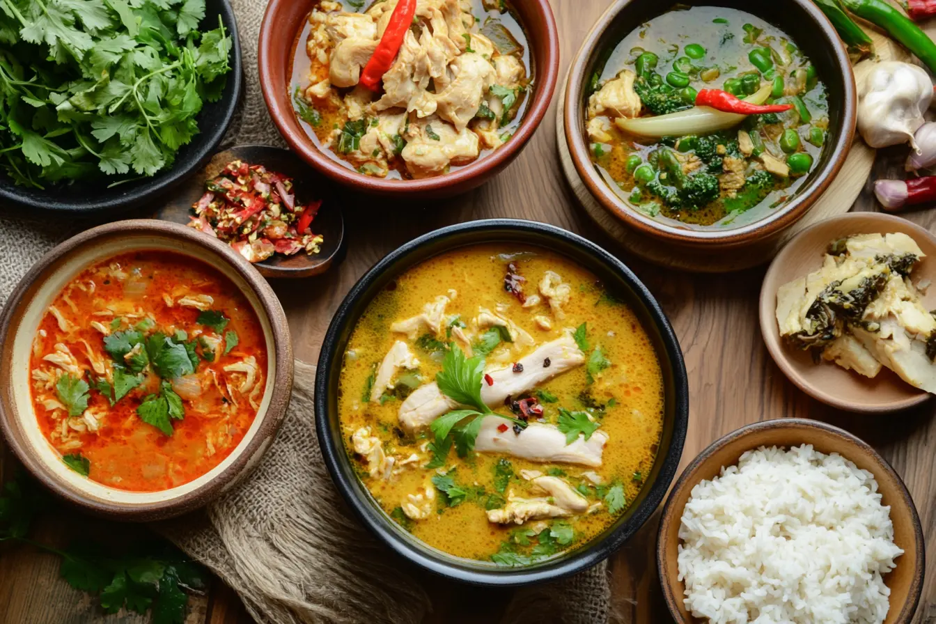 A variety of chicken soups from around the world displayed on a table