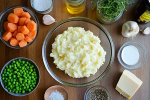 This image showcases a freshly baked shepherd's pie, featuring a golden, cheesy topping made creamy with Velveeta cheese. The dish is filled with savory ground meat, colorful vegetables like carrots and peas, and the fluffy mashed potatoes gently browned at the edges. Perfectly melted cheese creates a mouthwatering appeal, inviting anyone to dig in. The richness and heartiness of this iconic comfort food are beautifully captured, making it an ideal representation of the recipe discussed.