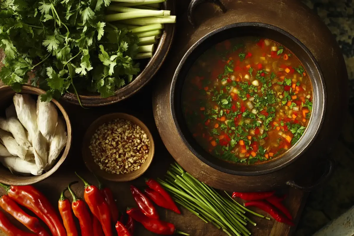 ools and ingredients for preparing Chopt Spicy Chicken Soup with rice.