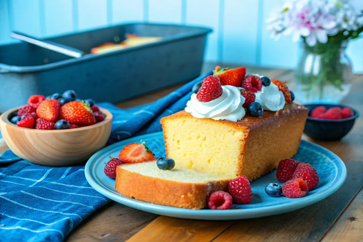 Slice of light and smooth pound cake with berries