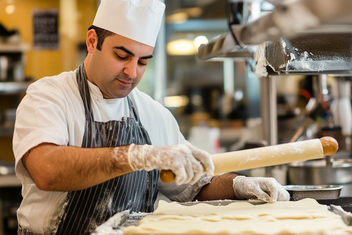A baker using a rolling pin and dough scraper to prepare pastry.