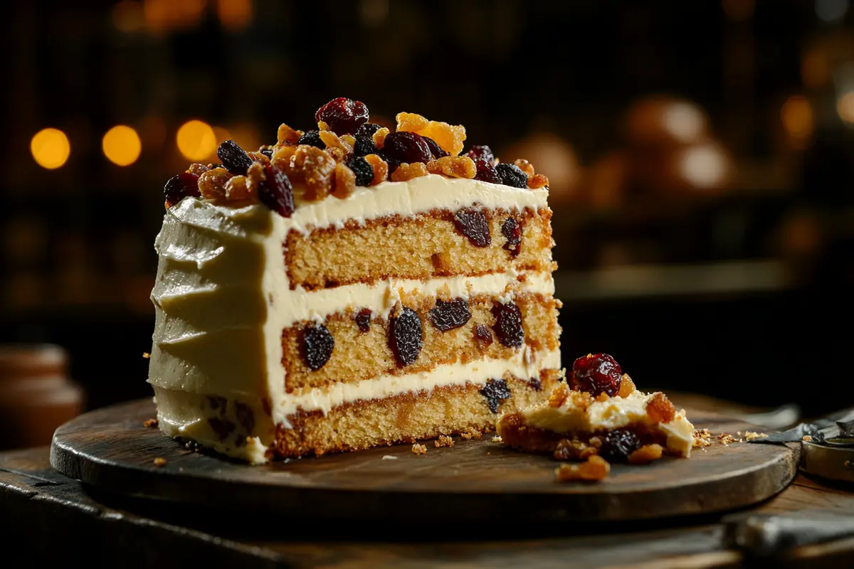 English cake decorated with fruits and nuts