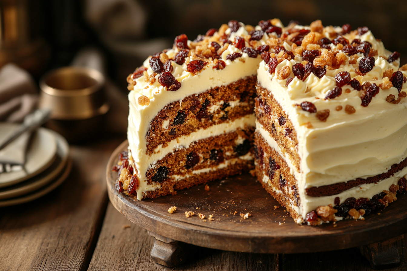 A beautifully decorated English cake with dried fruits and nuts, on a rustic wooden table, with a slice cut out to reveal the interior, warm inviting lighting