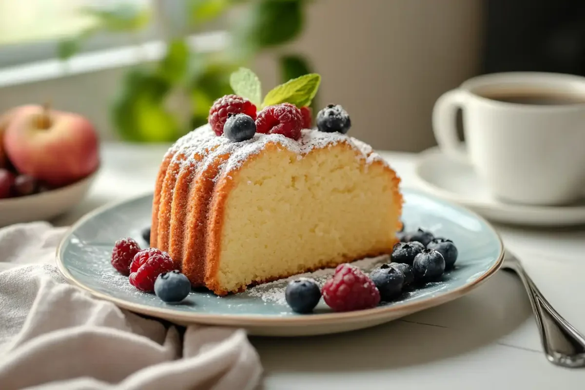 Slice of pound cake with berries and coffee