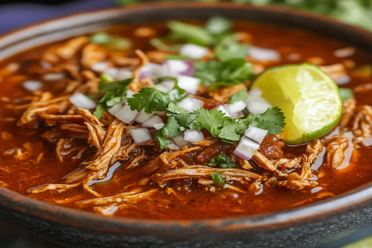 A steaming bowl of Birria Taco Soup topped with fresh cilantro and lime