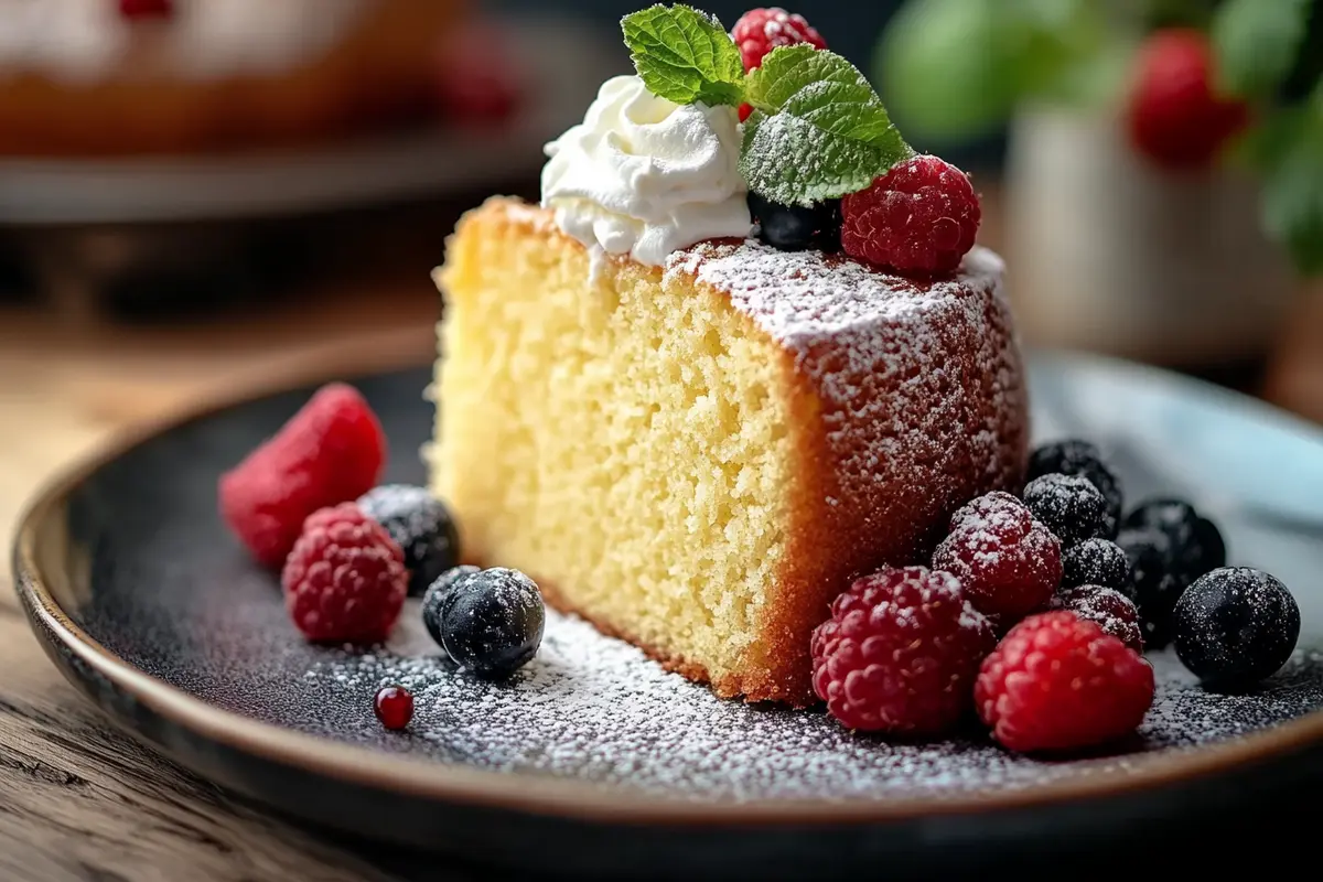 Slice of pound cake with margarine, berries, and cream