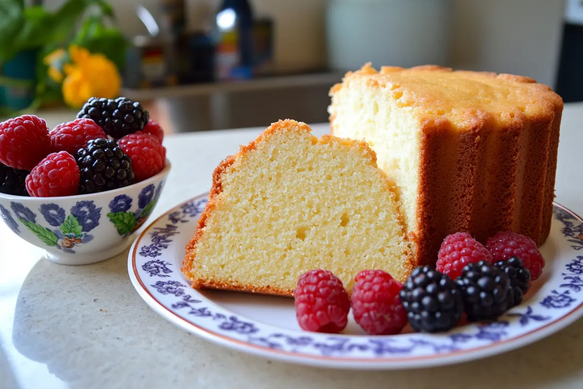 Slice of pound cake with berries