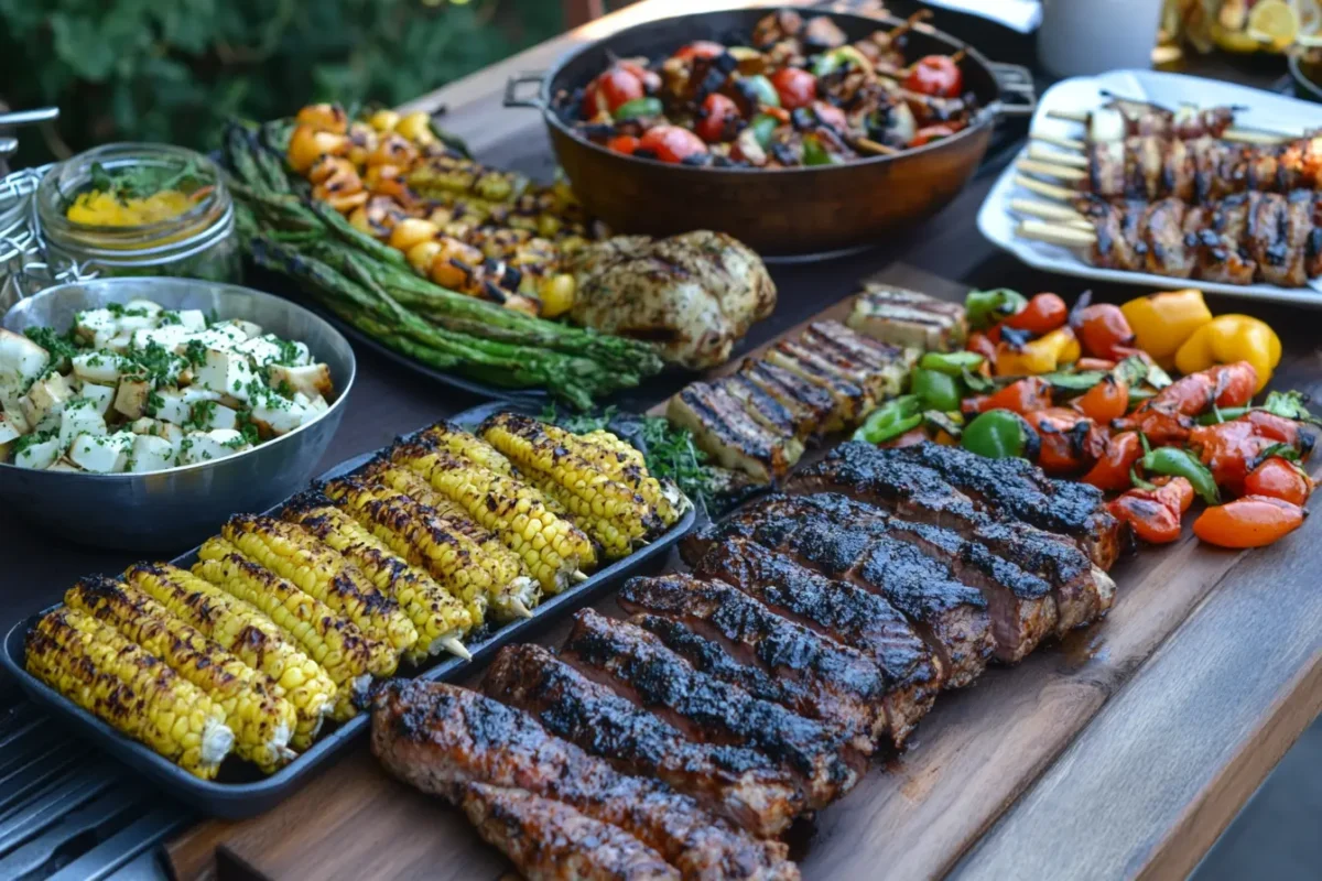 A summer barbecue spread featuring grilled vegetables and meats.