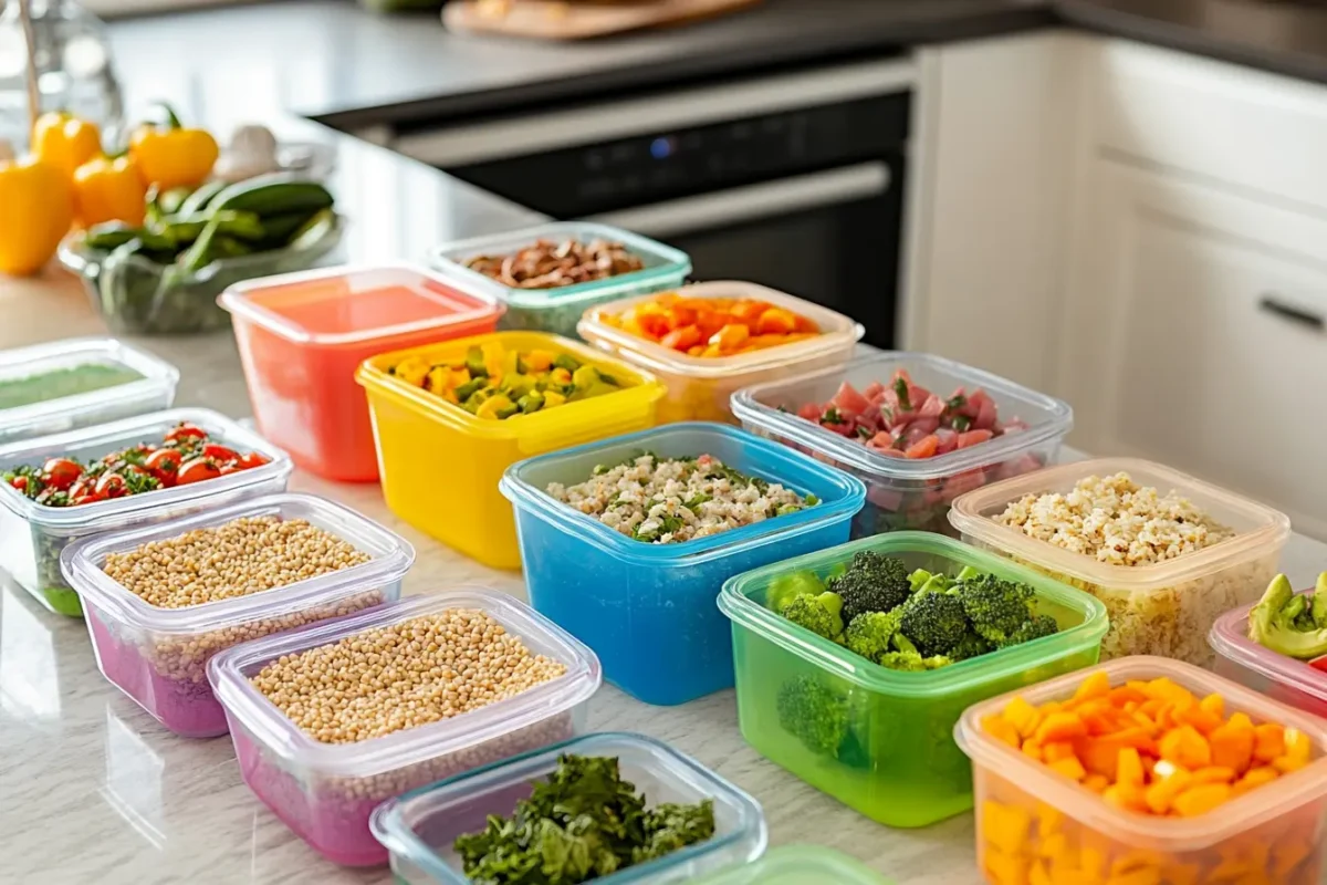 "Meal Prep Strategies with colorful containers and fresh ingredients"