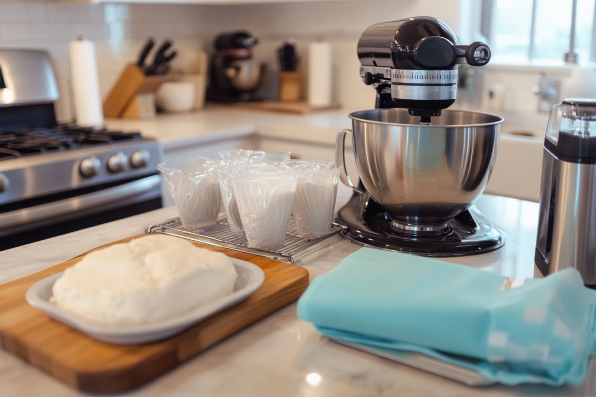 Advanced baking tools including a stand mixer, piping bags, and a digital kitchen scale.