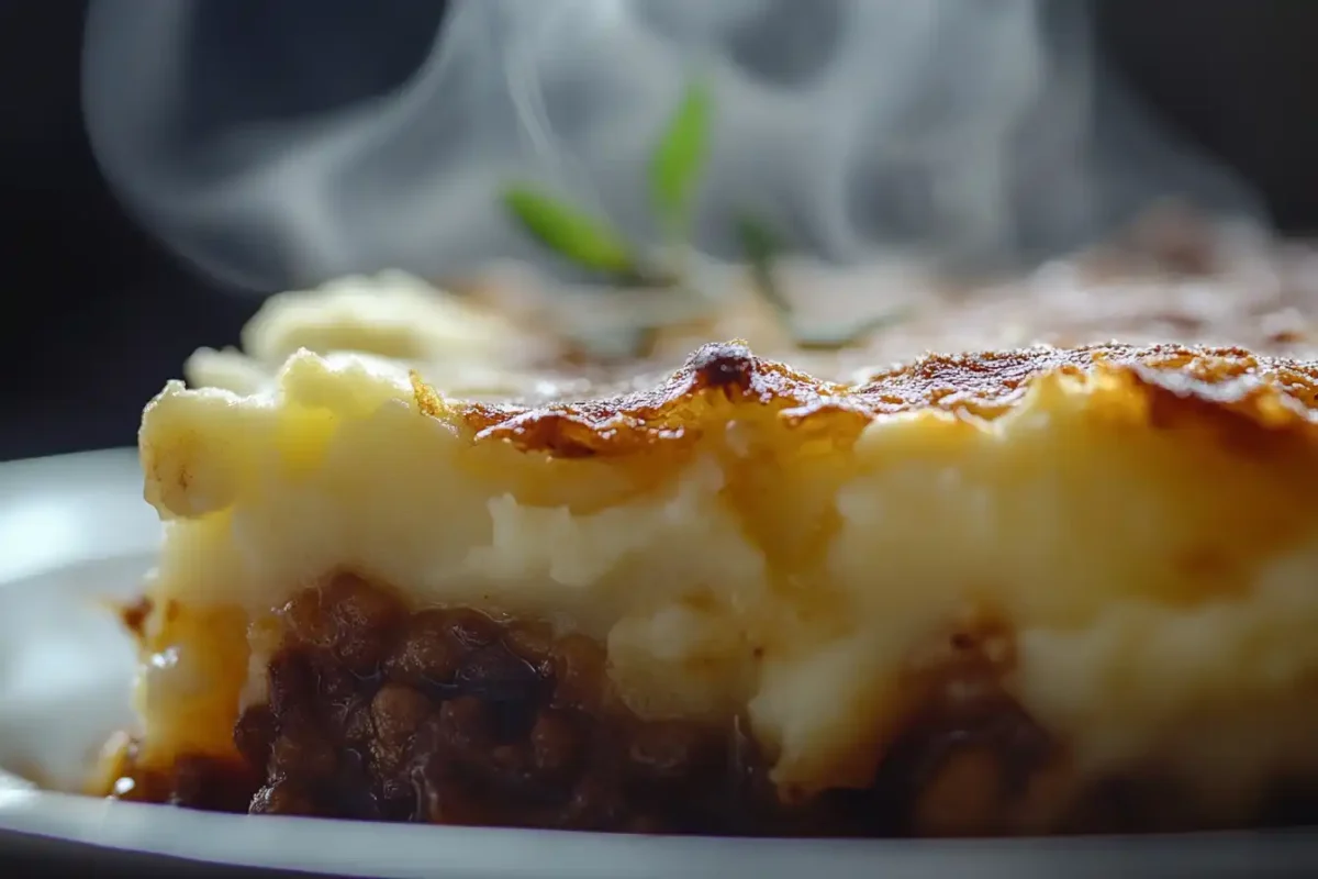 Golden-brown Shepherd's pie fresh from the oven, made without broth.
