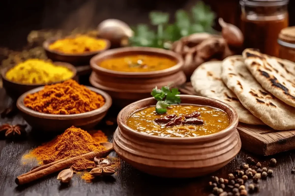 Spicy Indian Mulligatawny Soup with naan and spices.