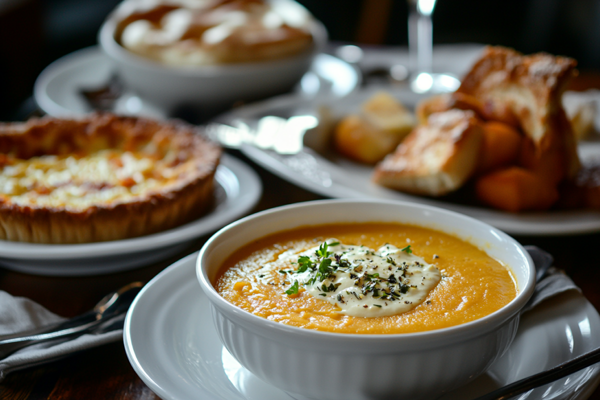 Hearty fall dishes including pumpkin soup and apple pie.