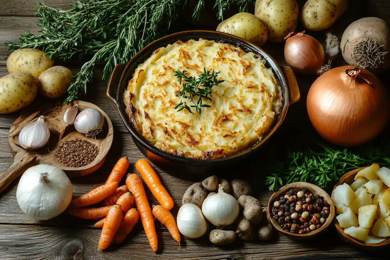 Fresh ingredients for making a homemade Shepherd's Pie