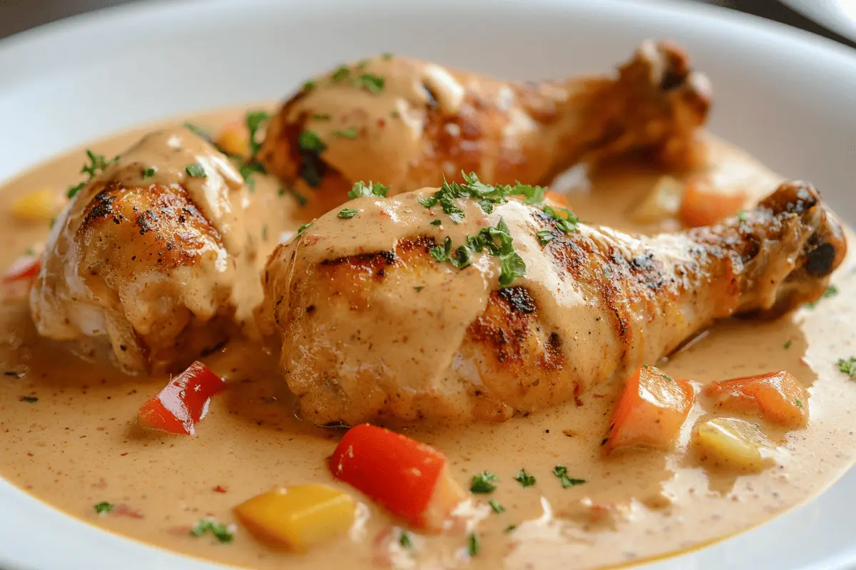 Plate of Marry Me Chicken with basil and tomatoes