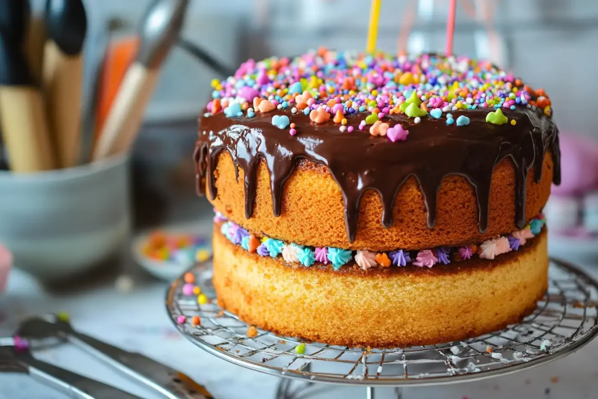 Layered sponge cake being frosted