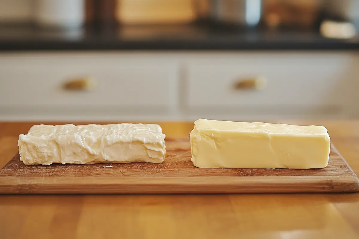 Butter and margarine comparison on a cutting board