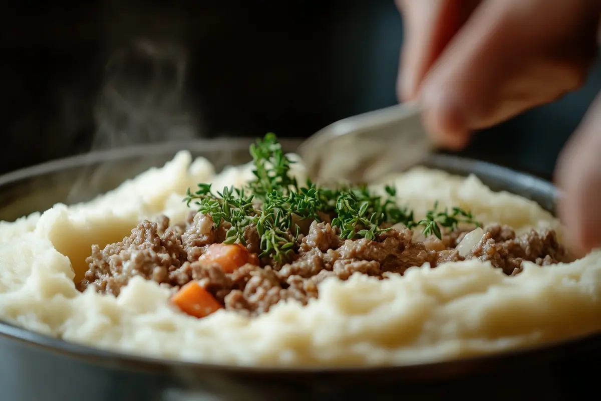 Shepherd’s Pie preparation with lamb filling and mashed potatoes