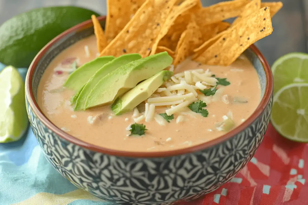Mexican Chicken Tortilla Soup with tortilla strips and avocado.