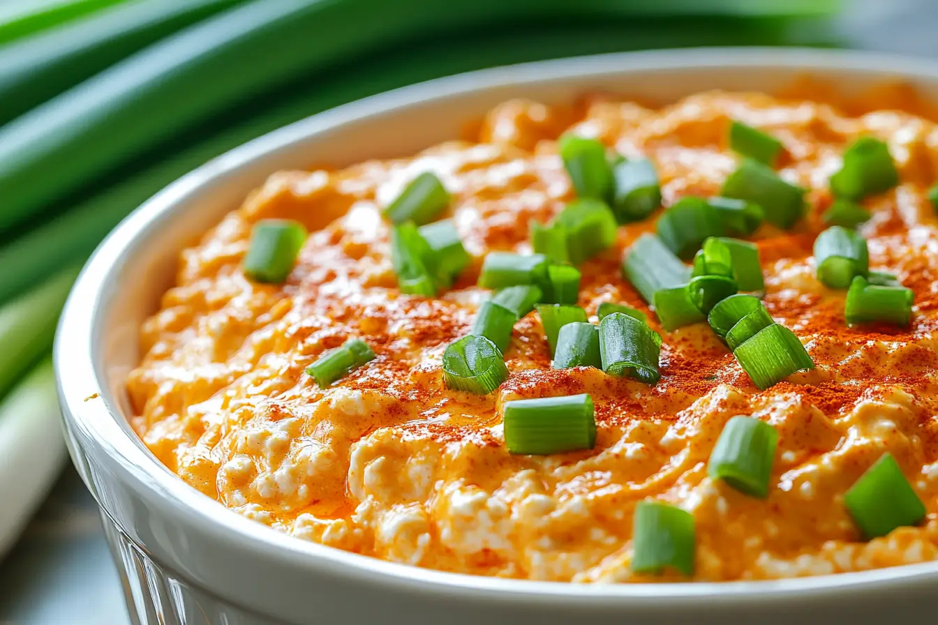 Creamy cottage cheese buffalo chicken dip in a bowl