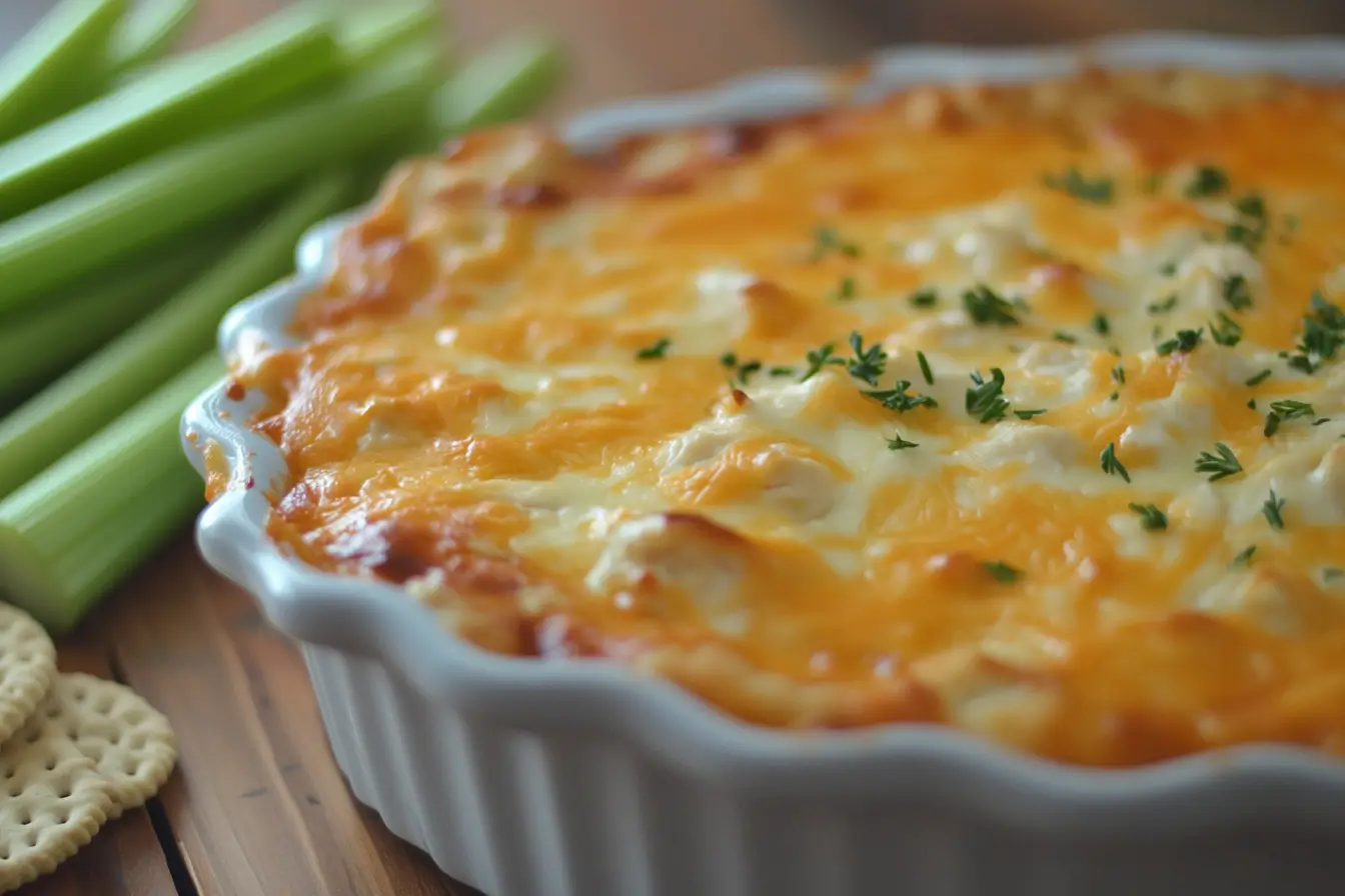 Creamy, zesty healthy buffalo chicken dip with shredded chicken, melted cheese, and fresh herbs, served with celery sticks and crackers