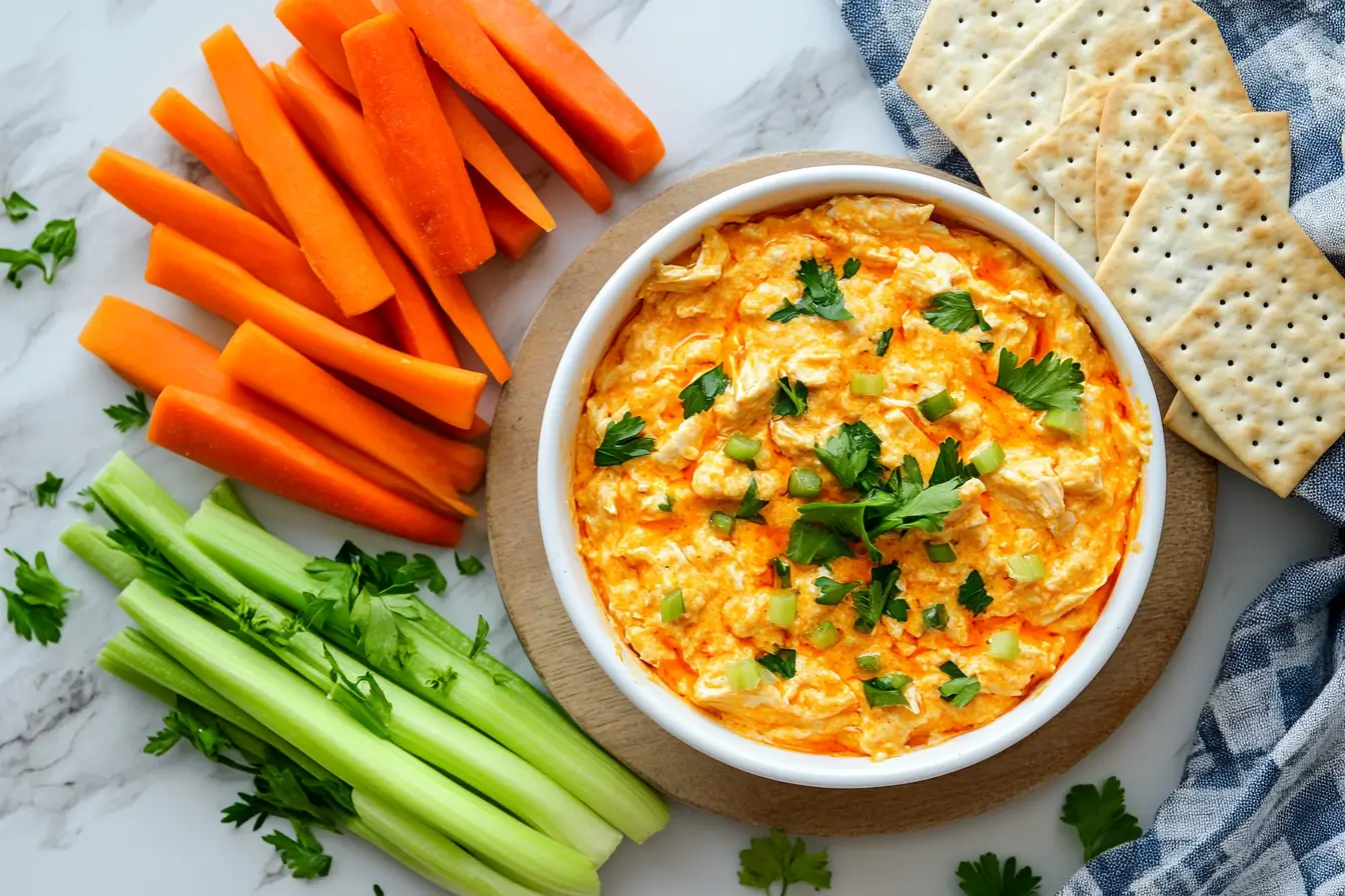 High protein buffalo chicken dip with veggies and crackers