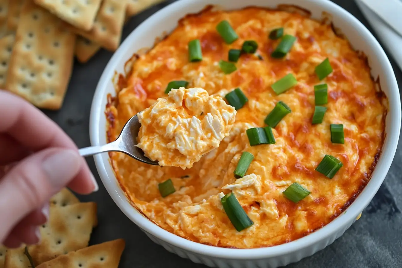 Scooping cottage cheese buffalo chicken dip onto a cracker