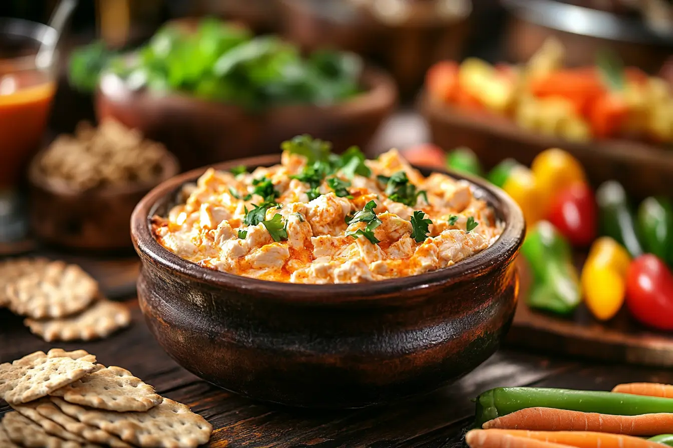 Creamy buffalo chicken dip with veggie sticks and crackers